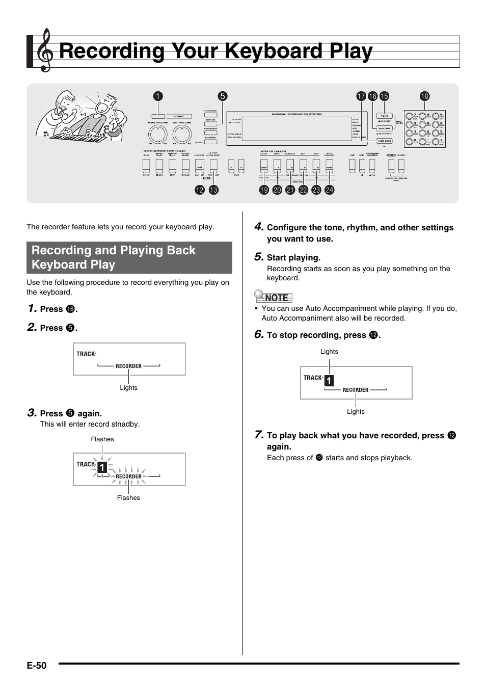 Recording your keyboard play | Casio WK210ES1A User Manual | Page 52 / 75