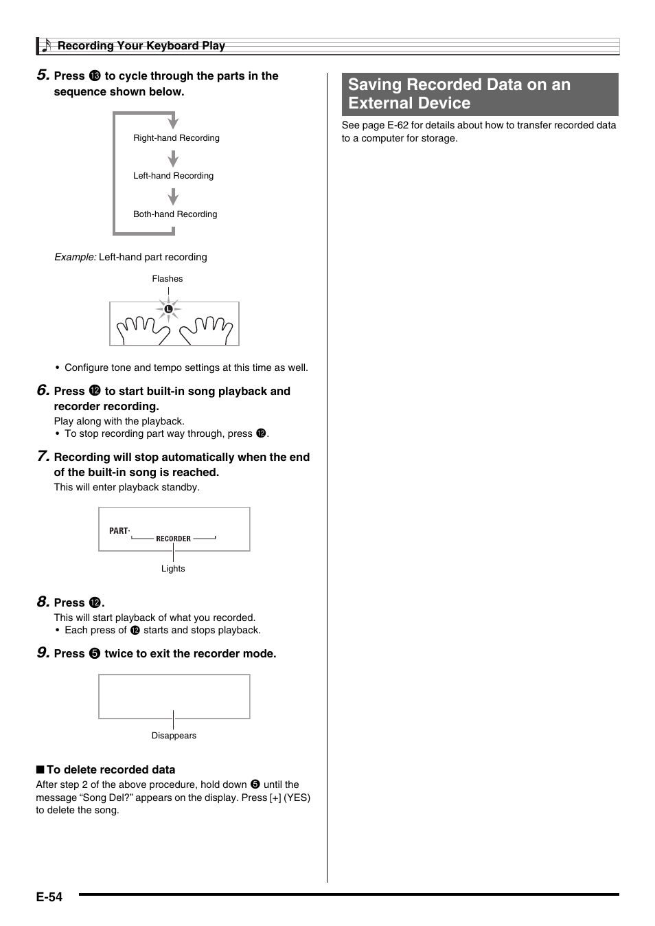 Saving recorded data on an external device | Casio WK210ES1A User Manual | Page 56 / 75