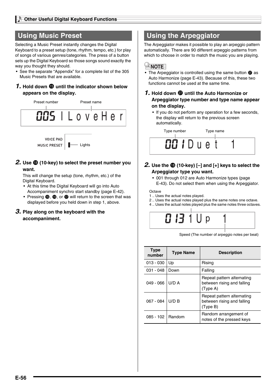 Using music preset, Using the arpeggiator | Casio WK210ES1A User Manual | Page 58 / 75