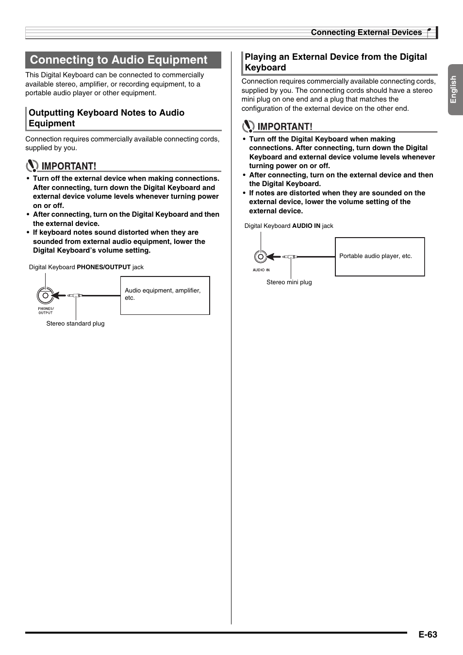 Connecting to audio equipment, E-63 | Casio WK210ES1A User Manual | Page 65 / 75