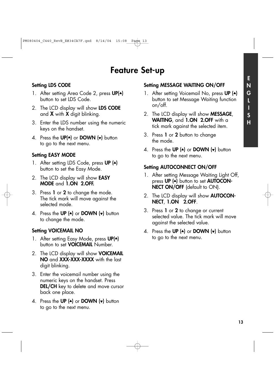 Feature set-up | Clarity 440 User Manual | Page 13 / 32