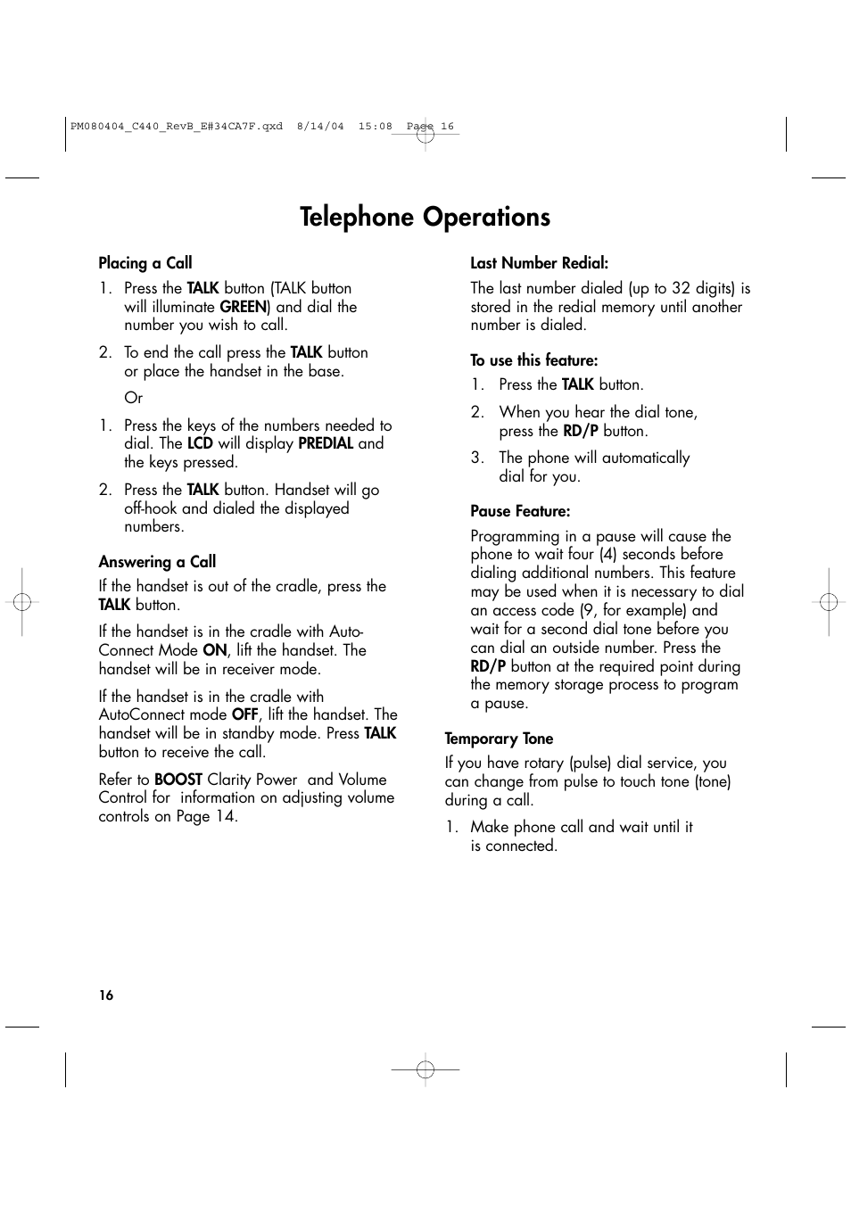 Telephone operations | Clarity 440 User Manual | Page 16 / 32