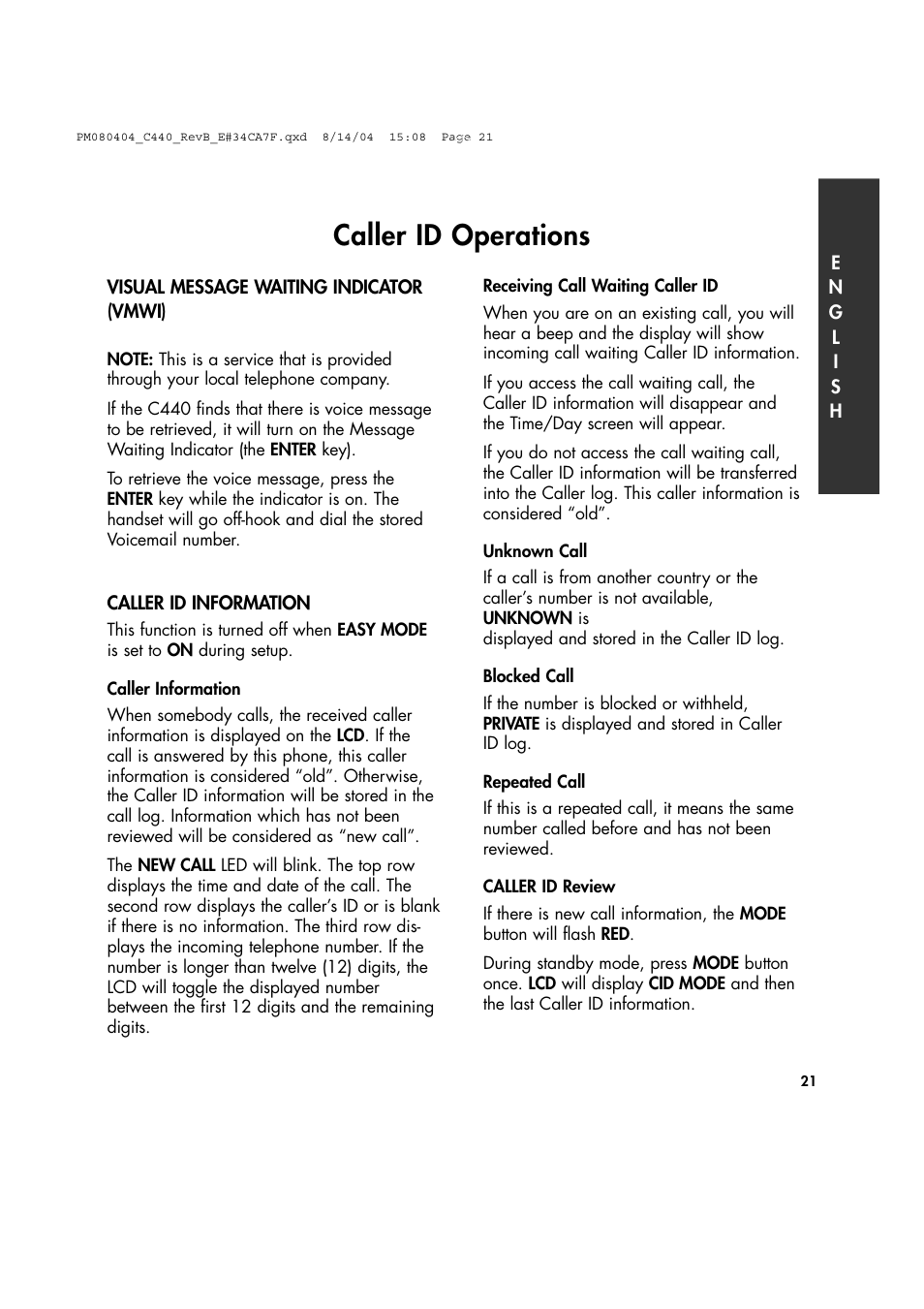 Caller id operations | Clarity 440 User Manual | Page 21 / 32