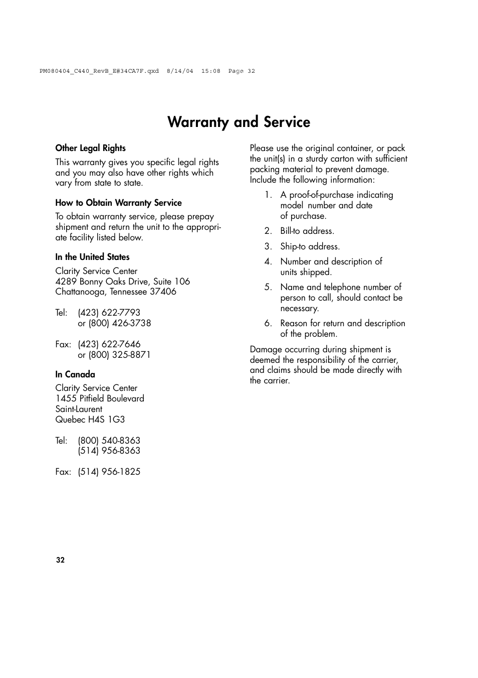 Warranty and service | Clarity 440 User Manual | Page 32 / 32