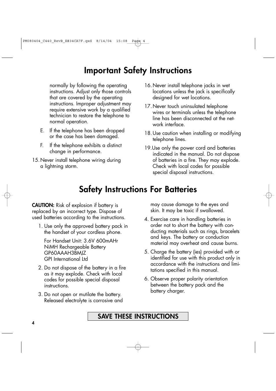 Important safety instructions, Safety instructions for batteries, Save these instructions | Clarity 440 User Manual | Page 4 / 32