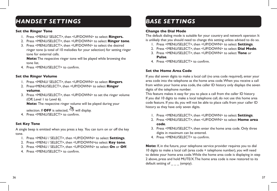 Handset settings base settings | Clarity D704 User Manual | Page 20 / 25