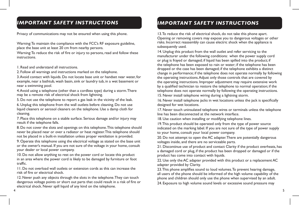 Important safety instructions | Clarity D704 User Manual | Page 4 / 25