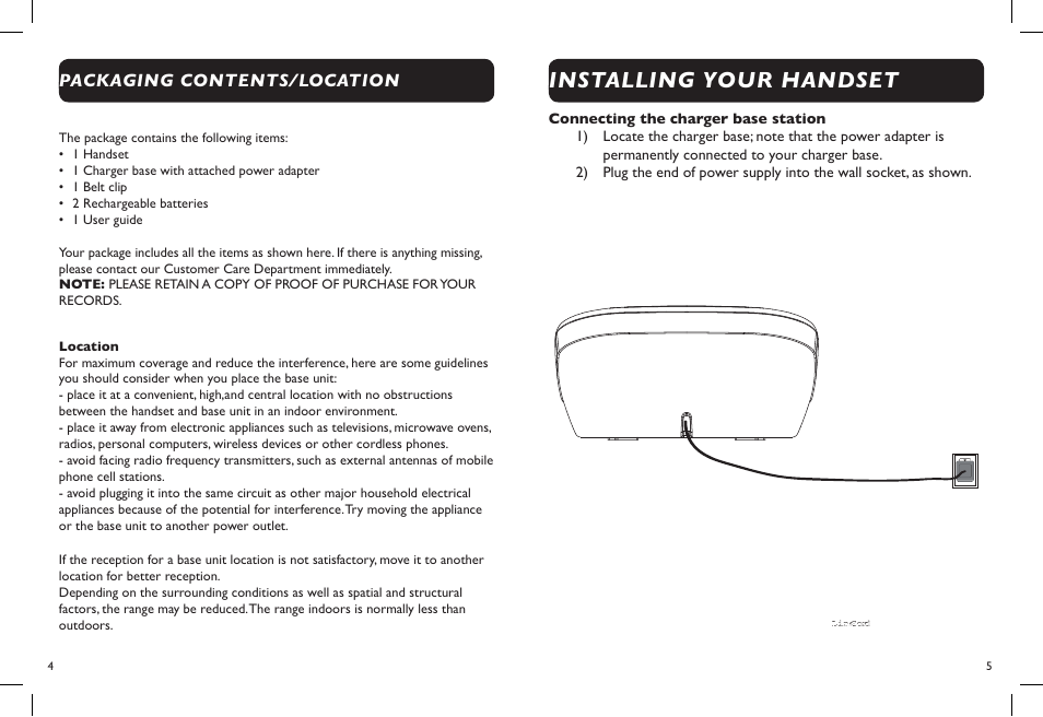 Installing your handset, Packaging contents/location | Clarity D704HS User Manual | Page 4 / 8