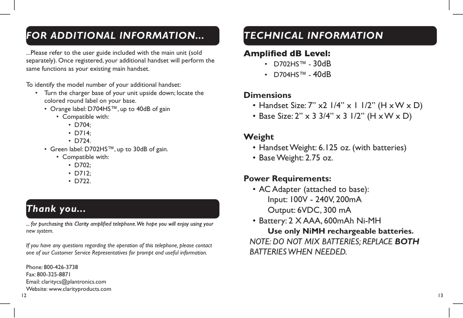 For additional information, Technical information | Clarity D704HS User Manual | Page 8 / 8