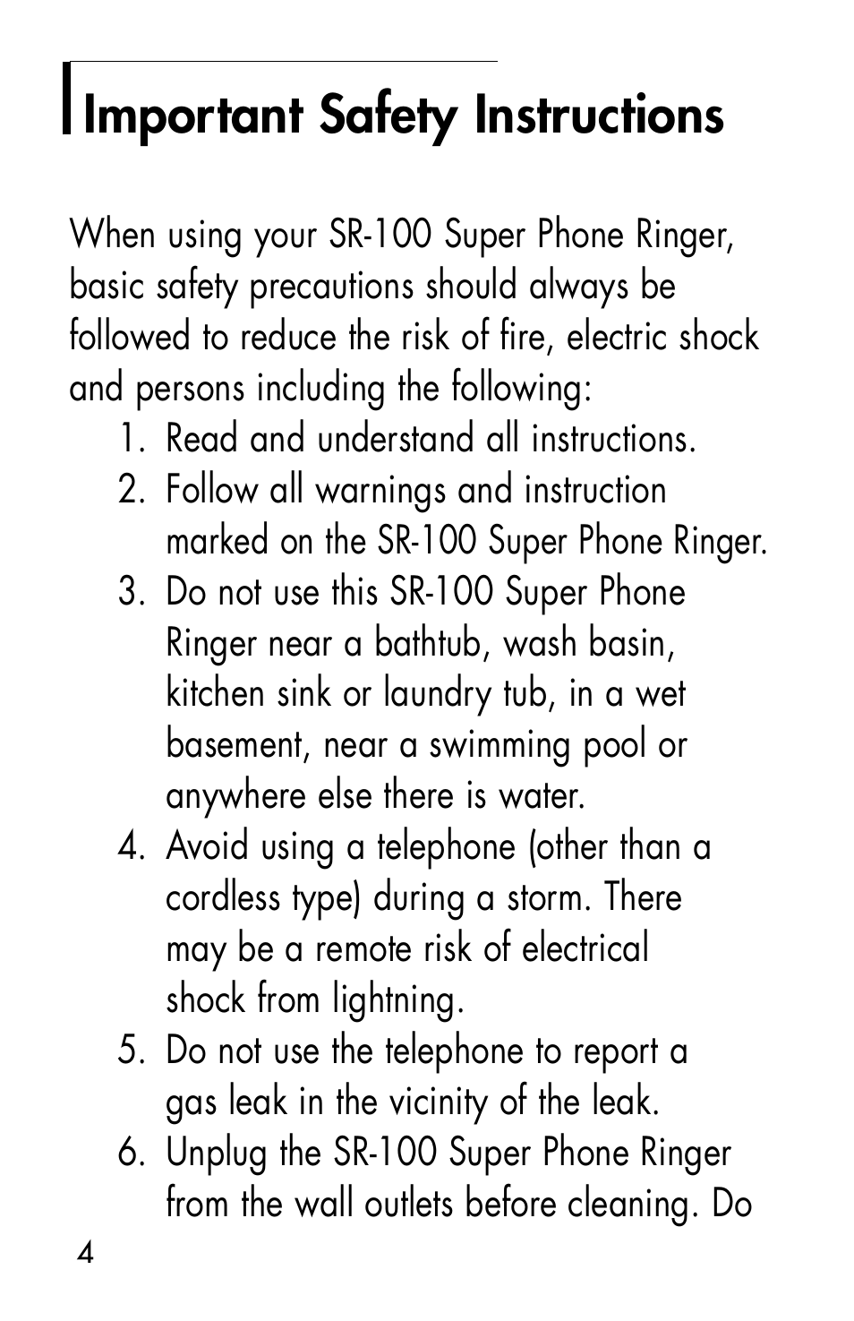 Important safety instructions | Clarity SR100 User Manual | Page 4 / 26