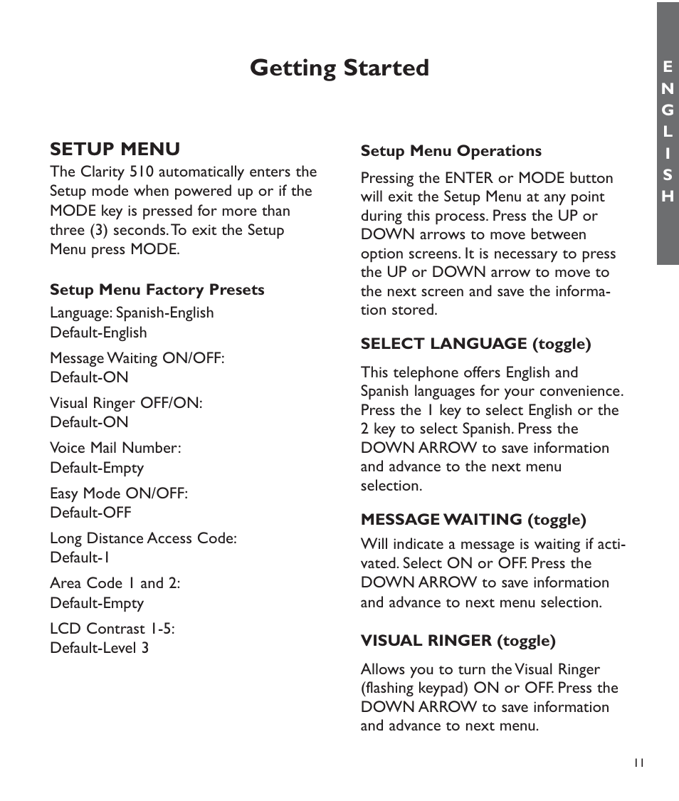 Getting started, Setup menu | Clarity C510 User Manual | Page 12 / 33