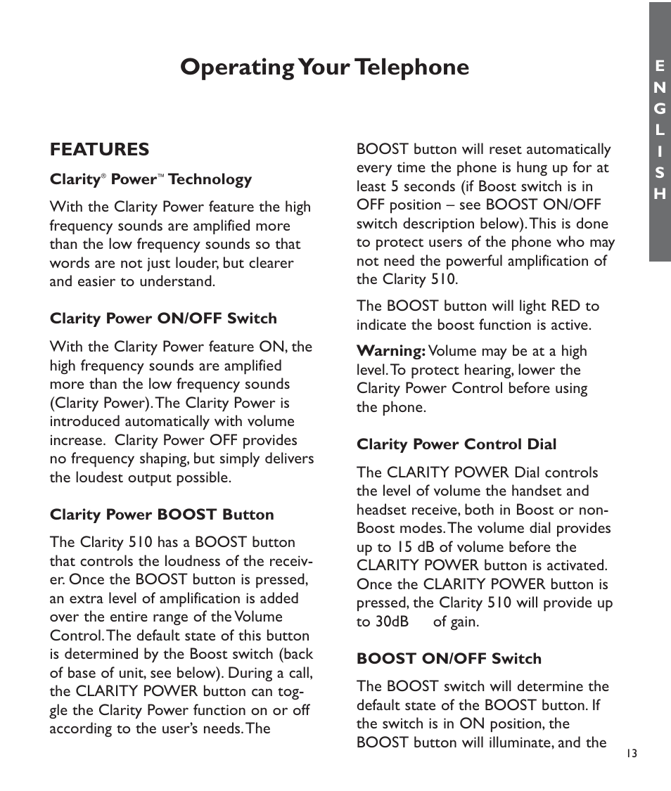 Operating your telephone, Features | Clarity C510 User Manual | Page 14 / 33