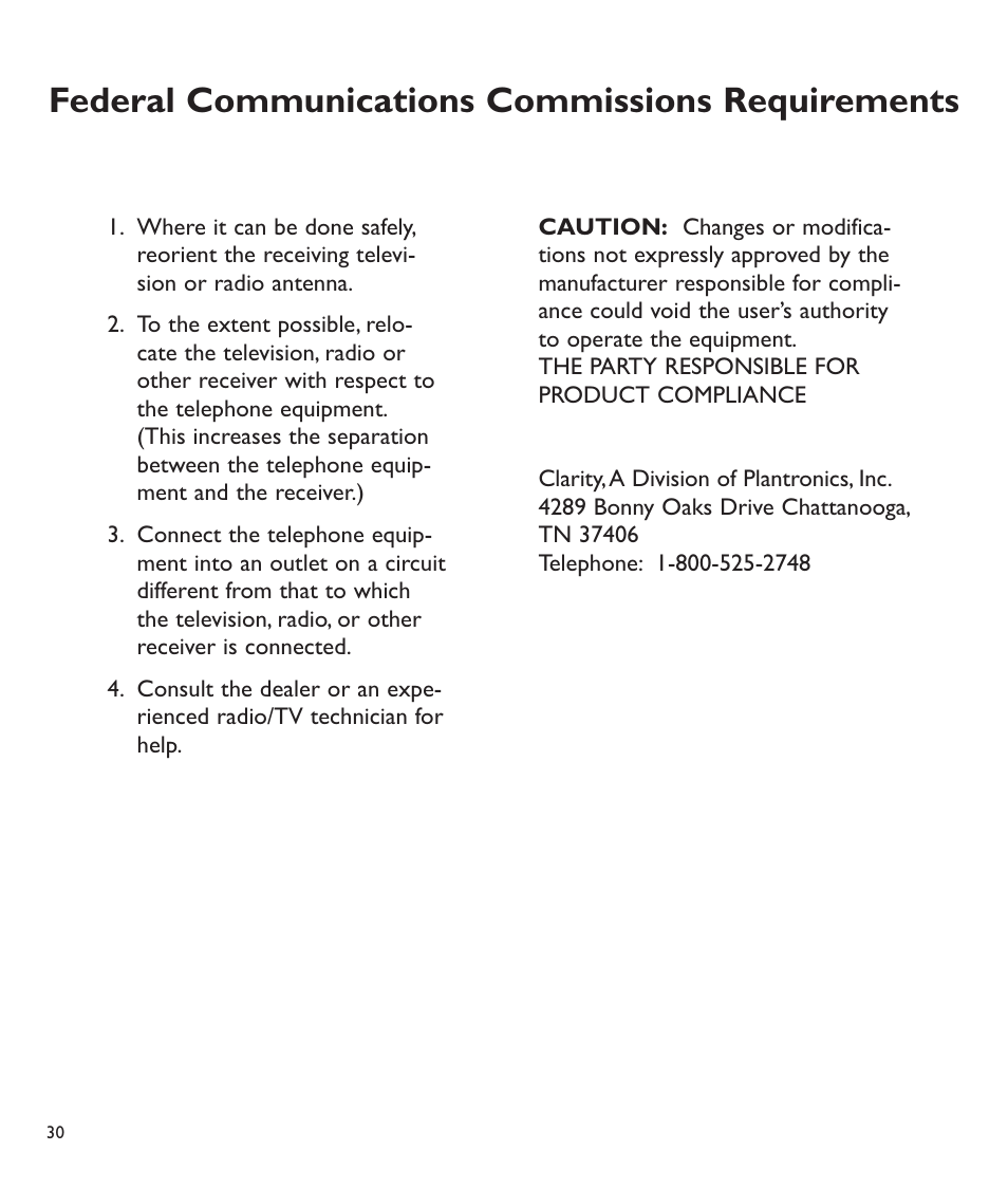 Federal communications commissions requirements | Clarity C510 User Manual | Page 31 / 33