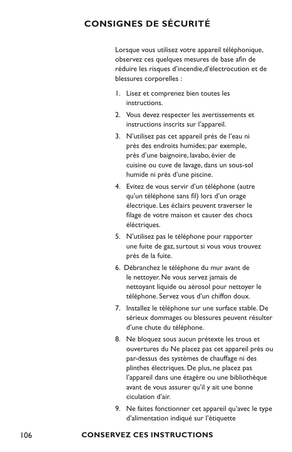Consignes de sécurité | Clarity C4210 User Manual | Page 106 / 152