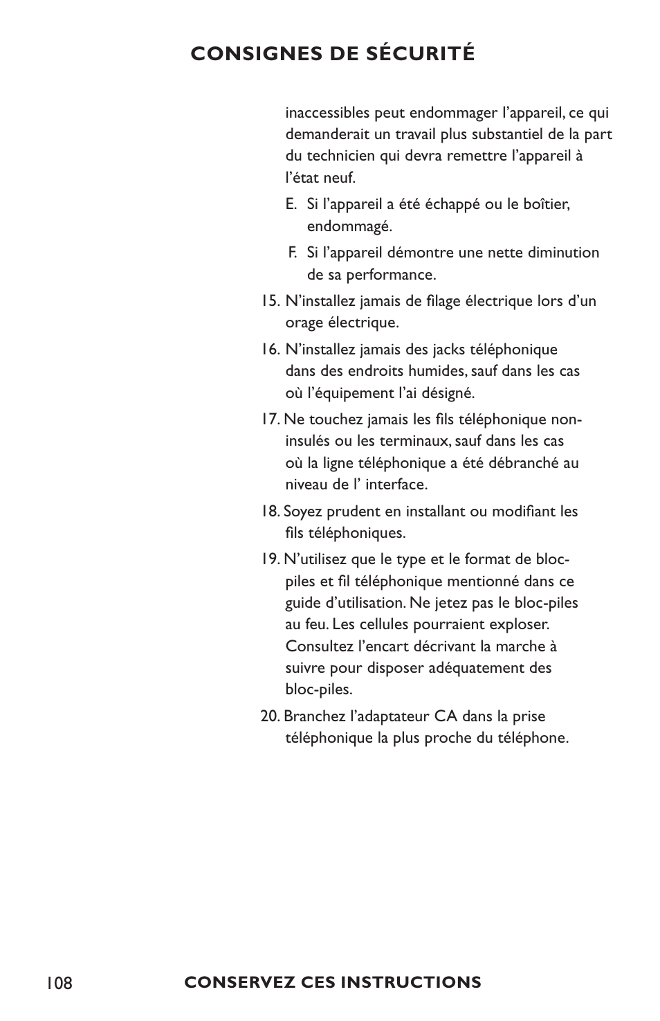 Consignes de sécurité | Clarity C4210 User Manual | Page 108 / 152