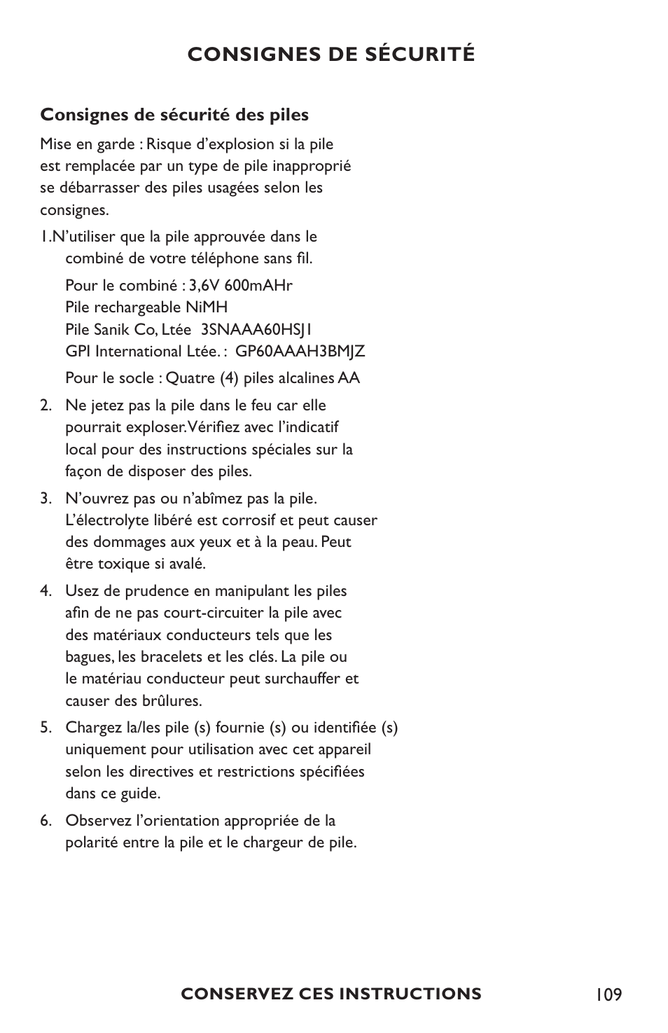 Consignes de sécurité | Clarity C4210 User Manual | Page 109 / 152