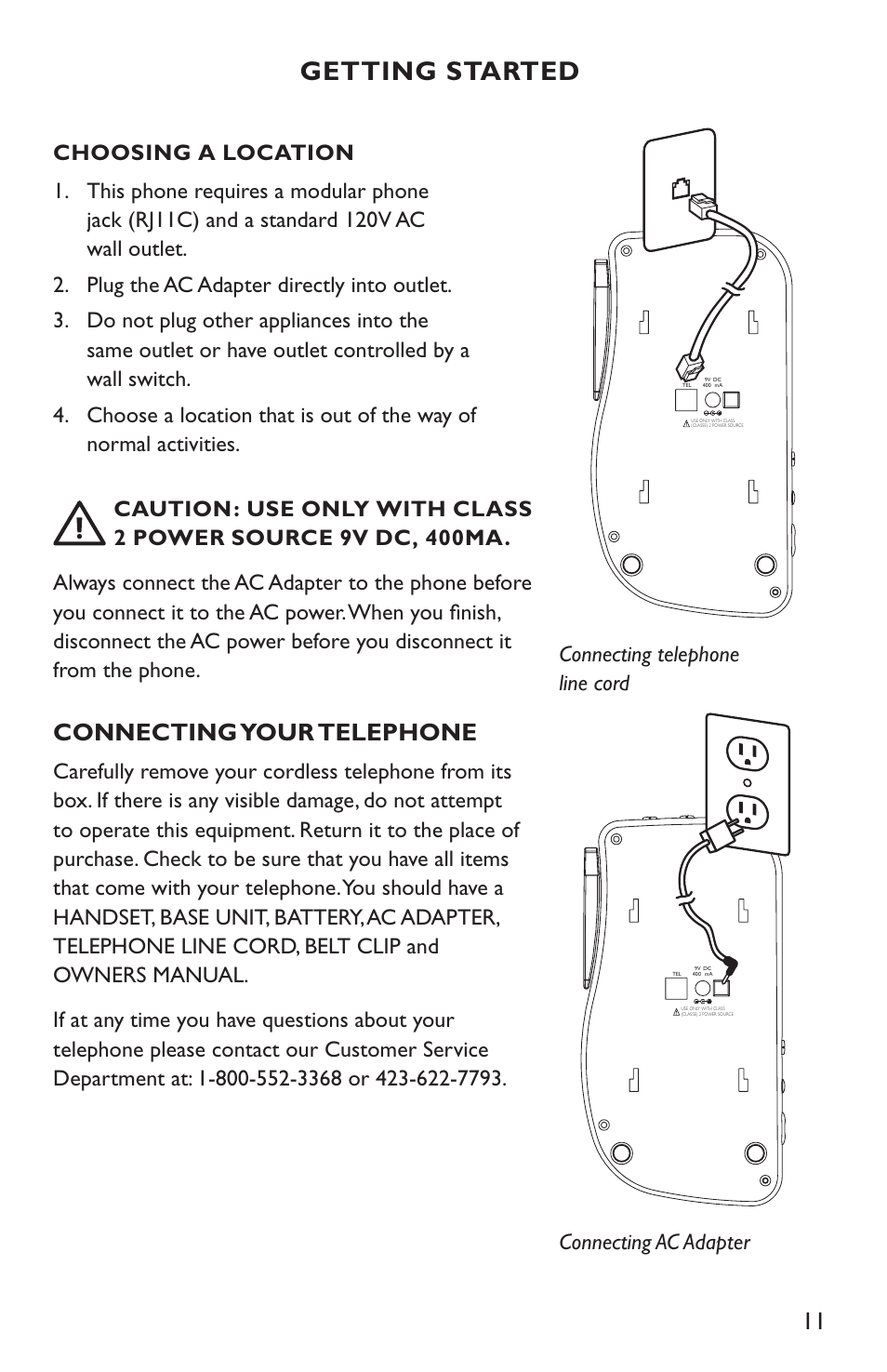 Getting started, Connecting your telephone, Connecting telephone line cord | Connecting ac adapter | Clarity C4210 User Manual | Page 11 / 152