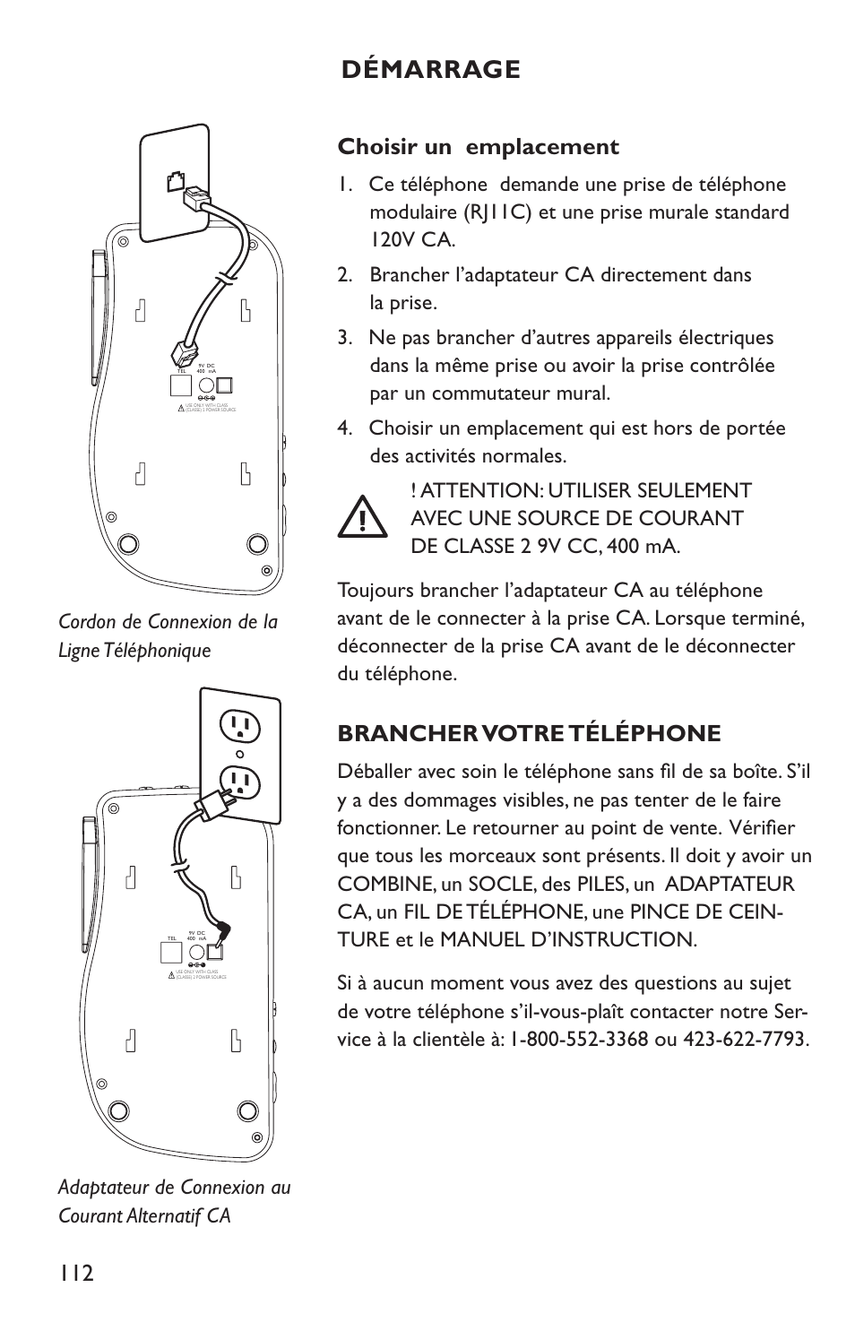 Démarrage, 112 choisir un emplacement, Brancher votre téléphone | Clarity C4210 User Manual | Page 112 / 152