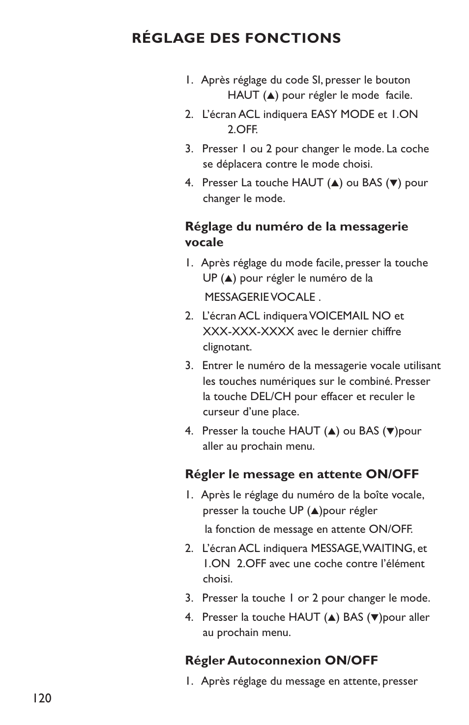 Réglage des fonctions | Clarity C4210 User Manual | Page 120 / 152