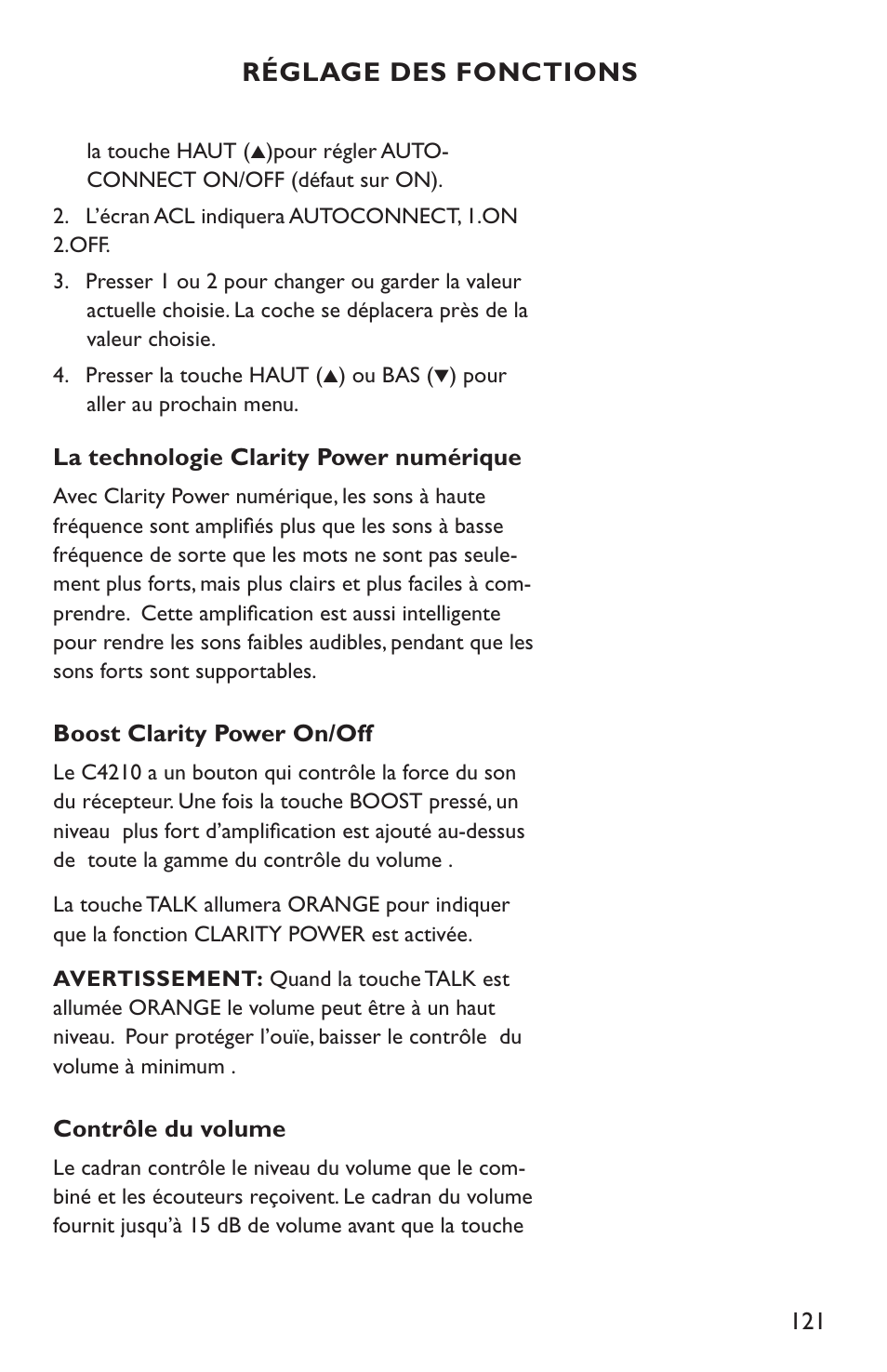 Réglage des fonctions | Clarity C4210 User Manual | Page 121 / 152