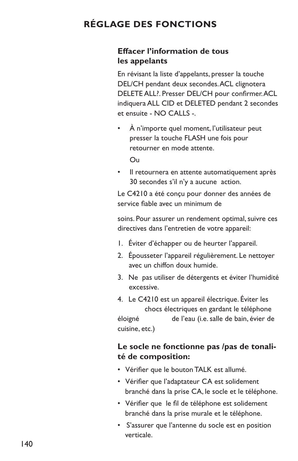 Réglage des fonctions | Clarity C4210 User Manual | Page 140 / 152