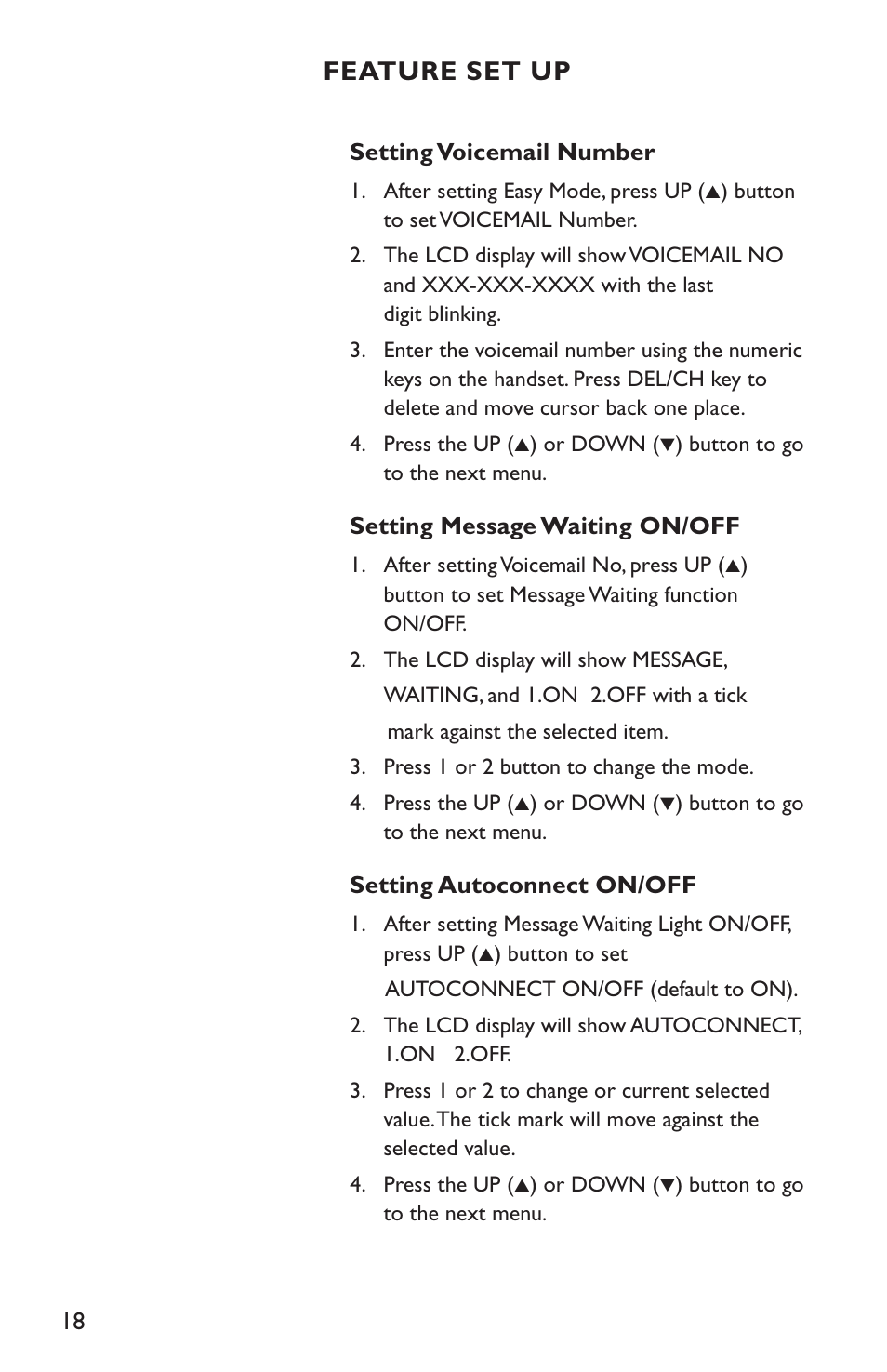 Feature set up | Clarity C4210 User Manual | Page 18 / 152