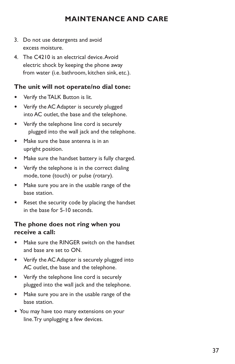 Maintenance and care | Clarity C4210 User Manual | Page 37 / 152