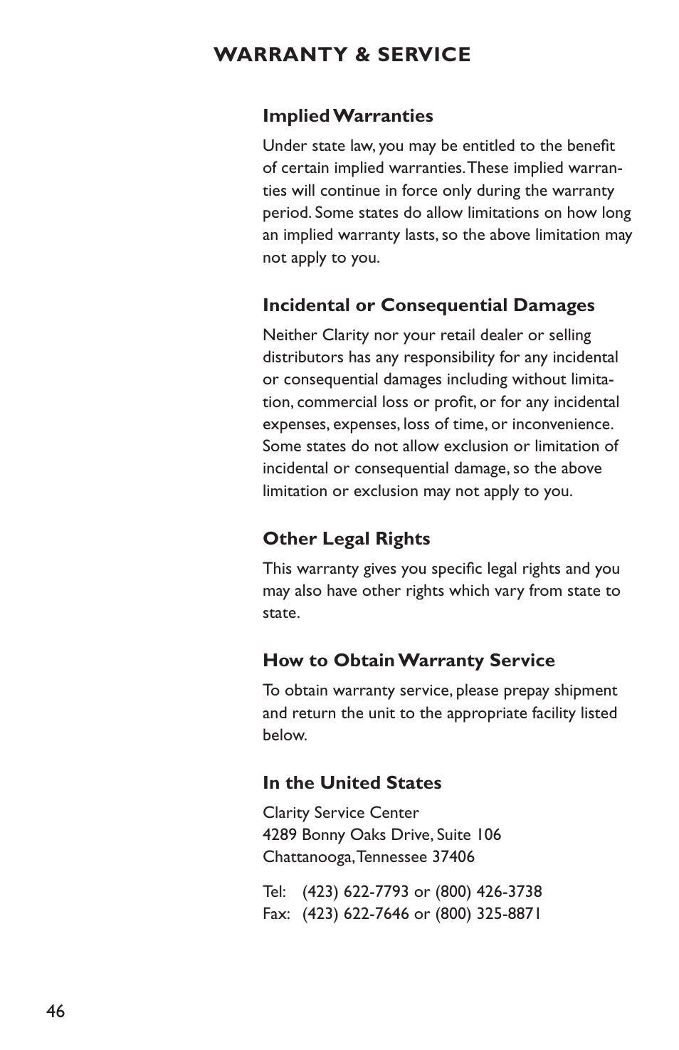 Clarity C4210 User Manual | Page 46 / 152