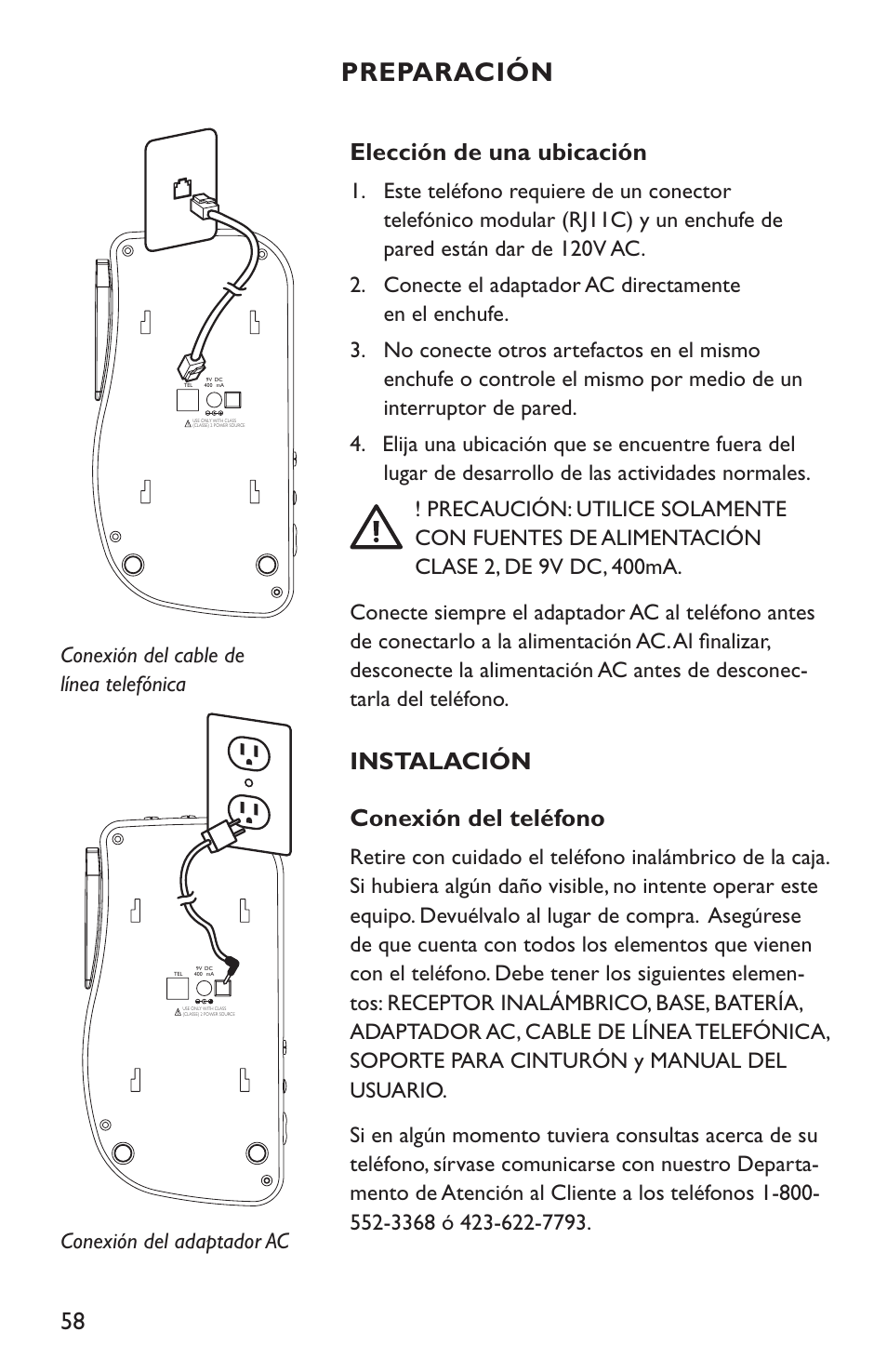 Preparación, Elección de una ubicación, Instalación conexión del teléfono | Clarity C4210 User Manual | Page 58 / 152