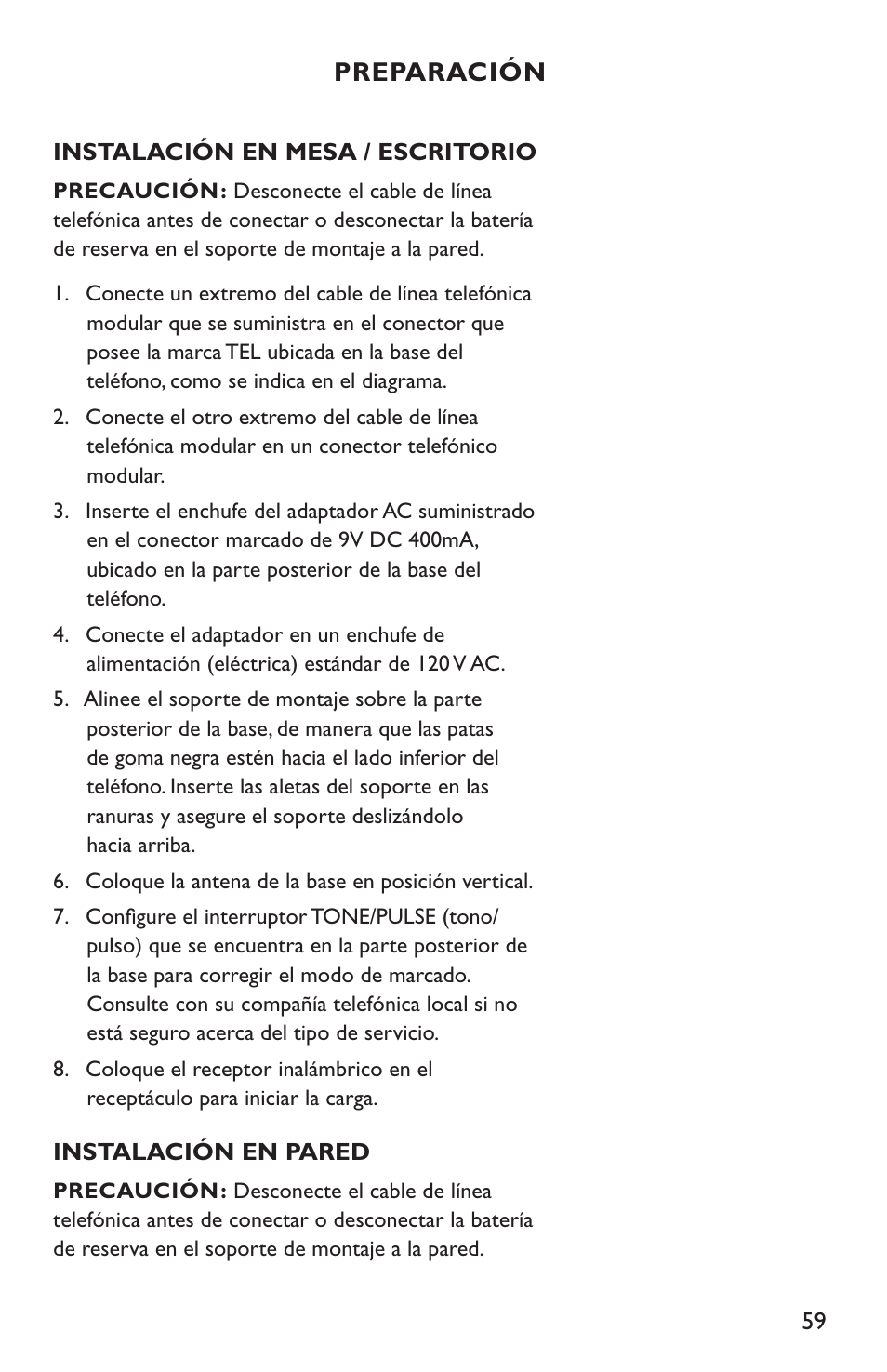 Preparación | Clarity C4210 User Manual | Page 59 / 152