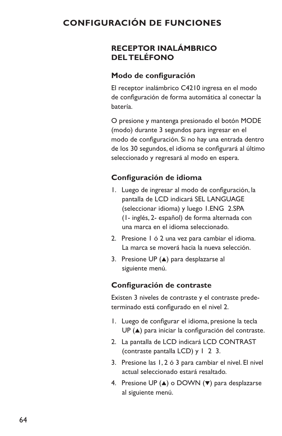 Configuración de funciones | Clarity C4210 User Manual | Page 64 / 152