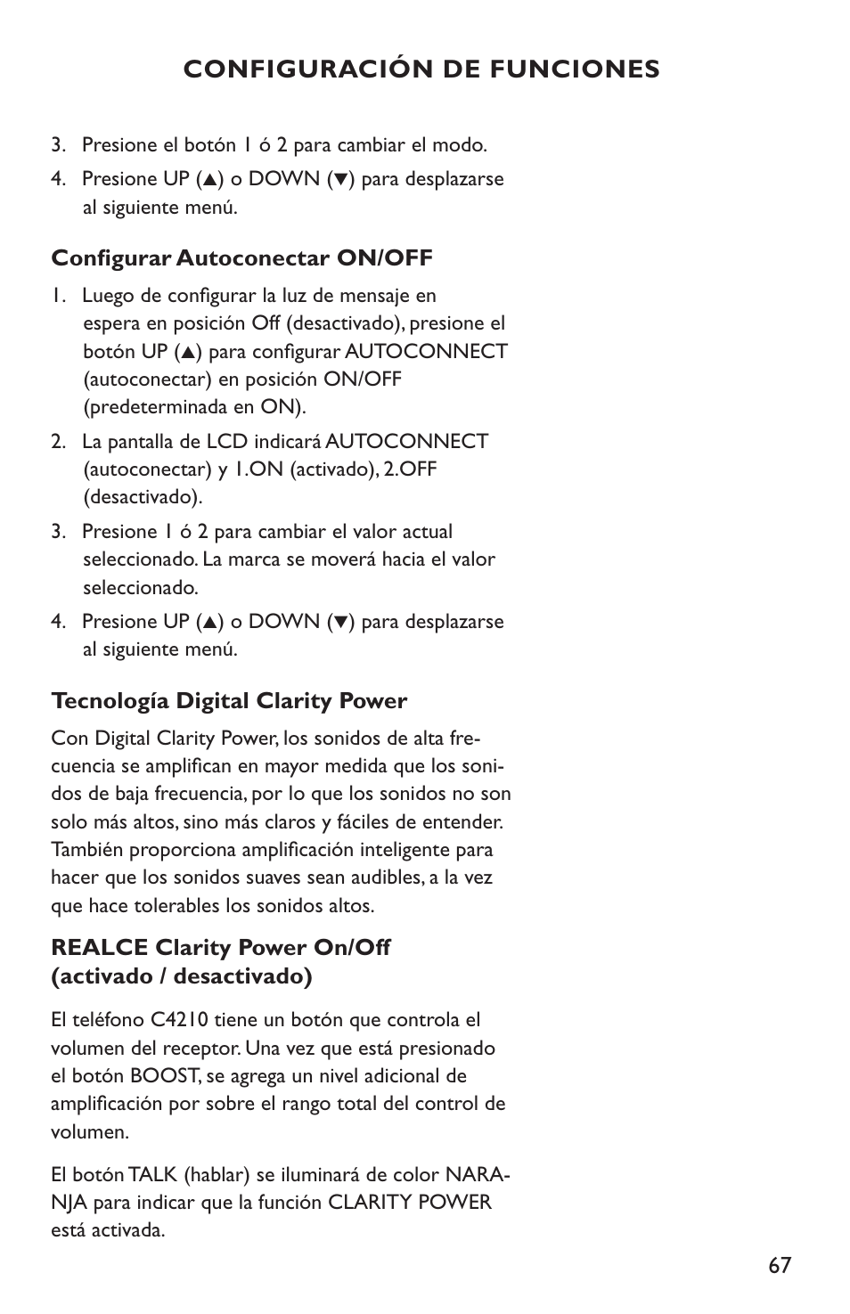 Configuración de funciones | Clarity C4210 User Manual | Page 67 / 152