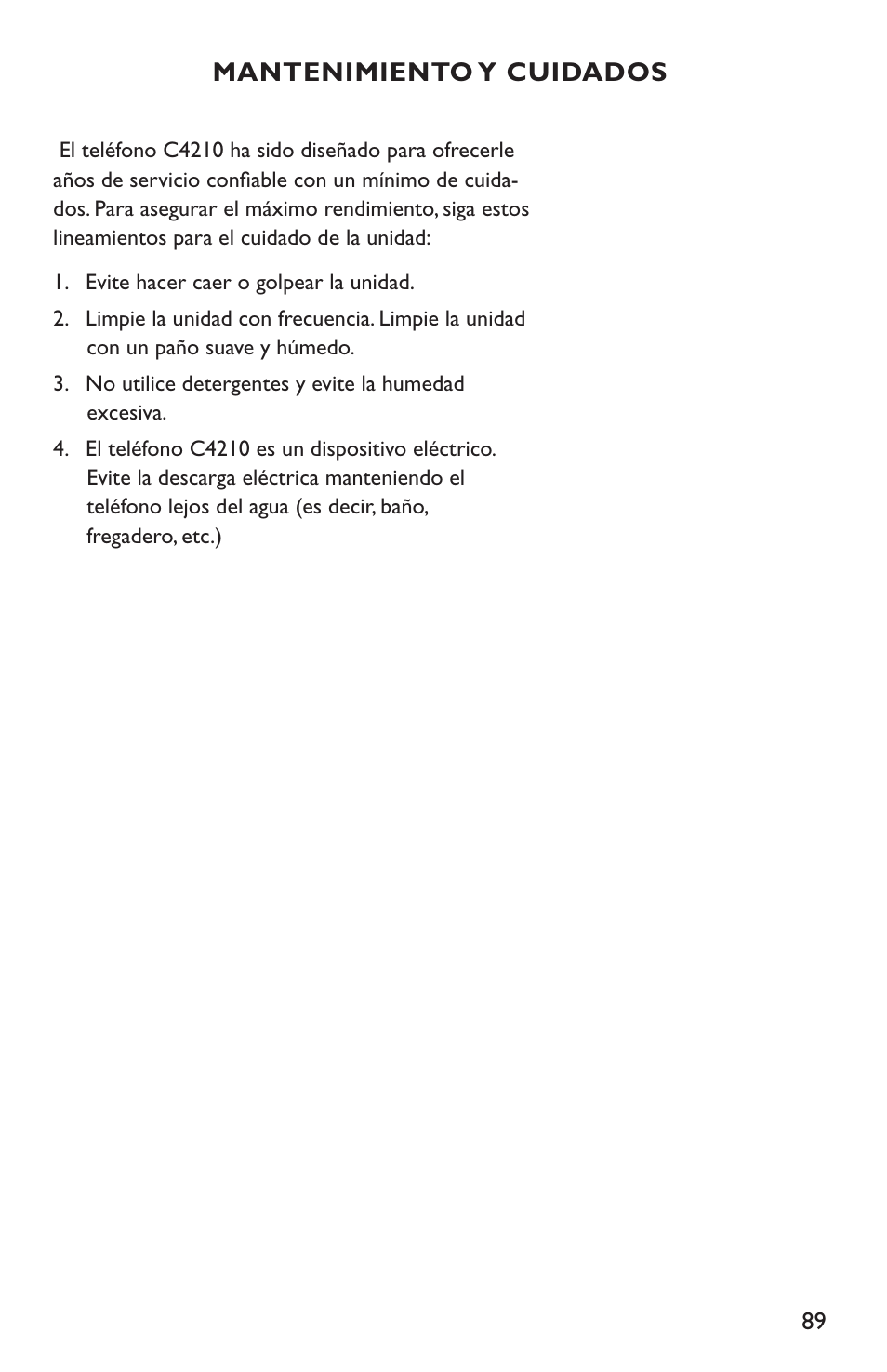 Mantenimiento y cuidados | Clarity C4210 User Manual | Page 89 / 152