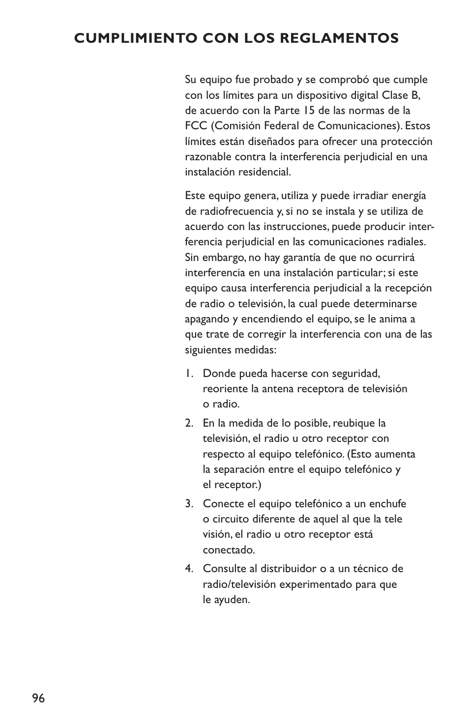 Cumplimiento con los reglamentos | Clarity C4210 User Manual | Page 96 / 152
