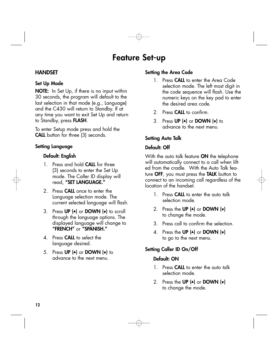 Feature set-up | Clarity 430 User Manual | Page 12 / 28