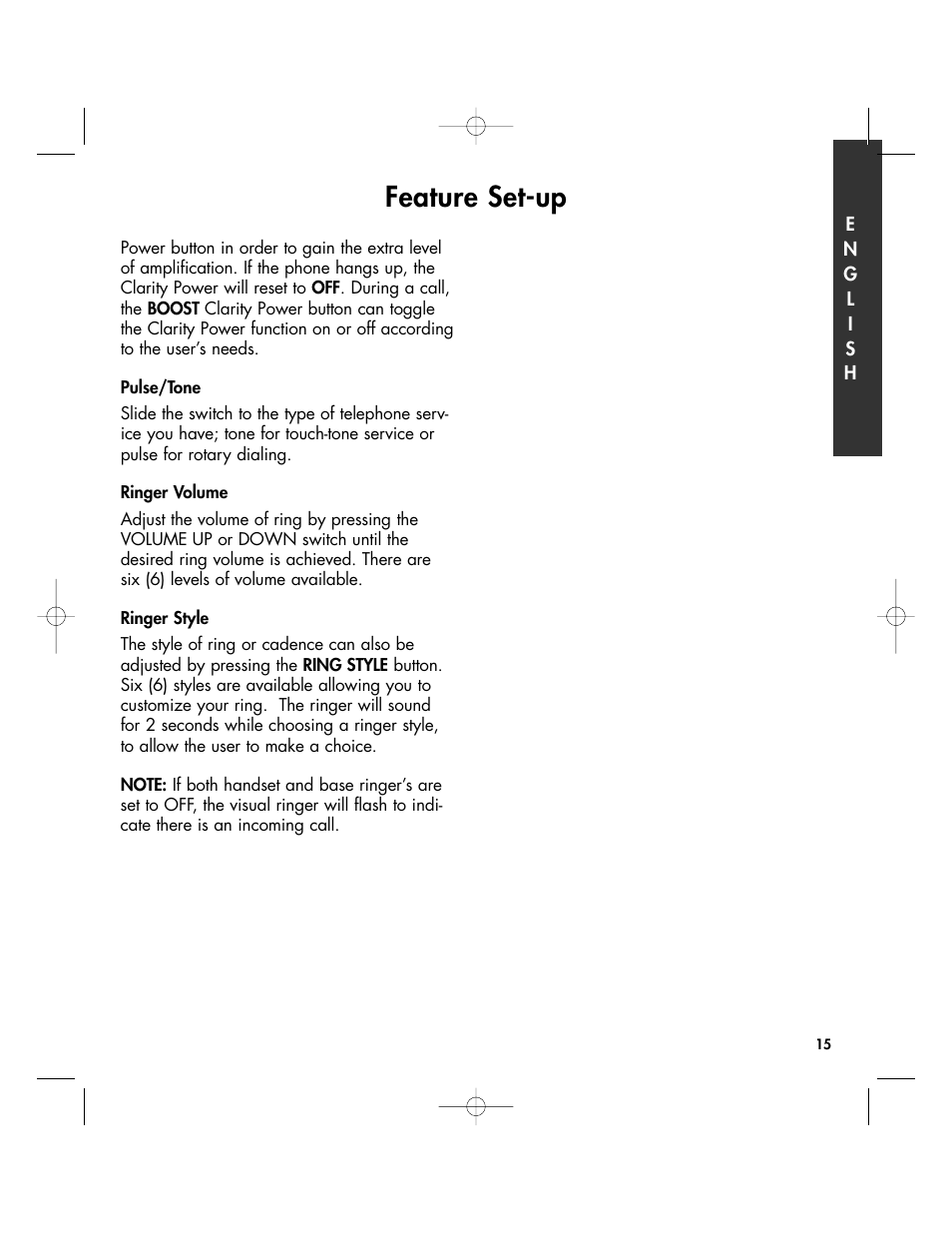 Feature set-up | Clarity 430 User Manual | Page 15 / 28