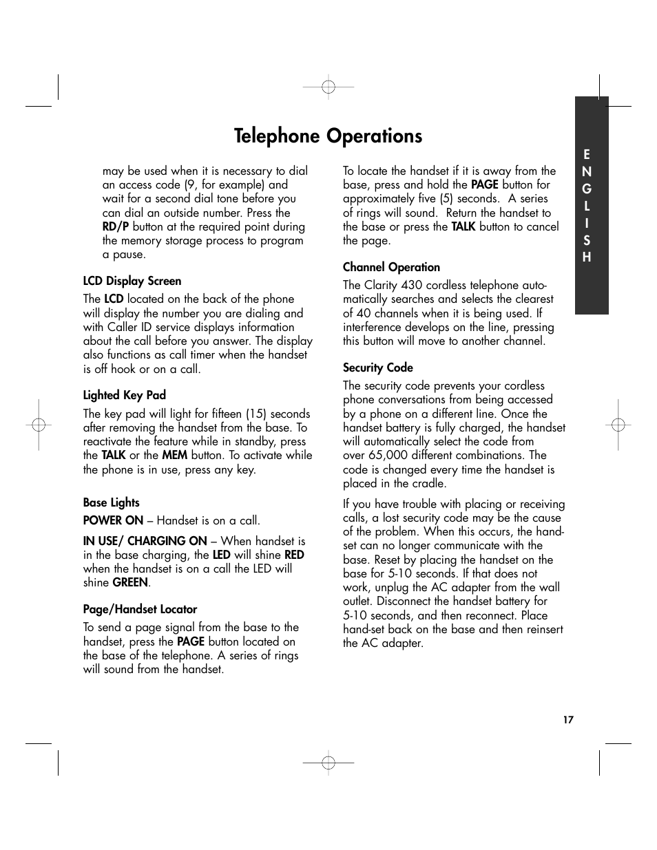 Telephone operations | Clarity 430 User Manual | Page 17 / 28