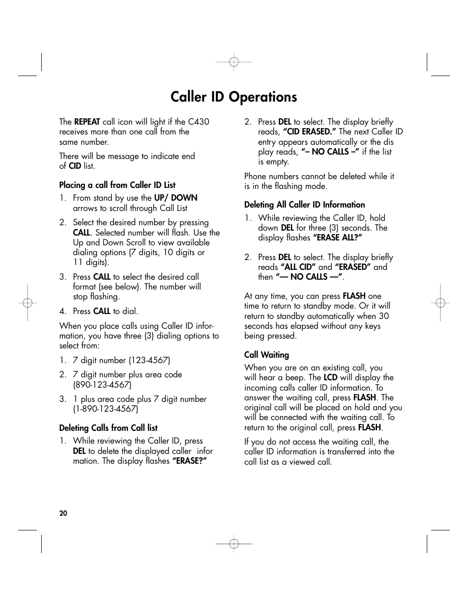 Caller id operations | Clarity 430 User Manual | Page 20 / 28