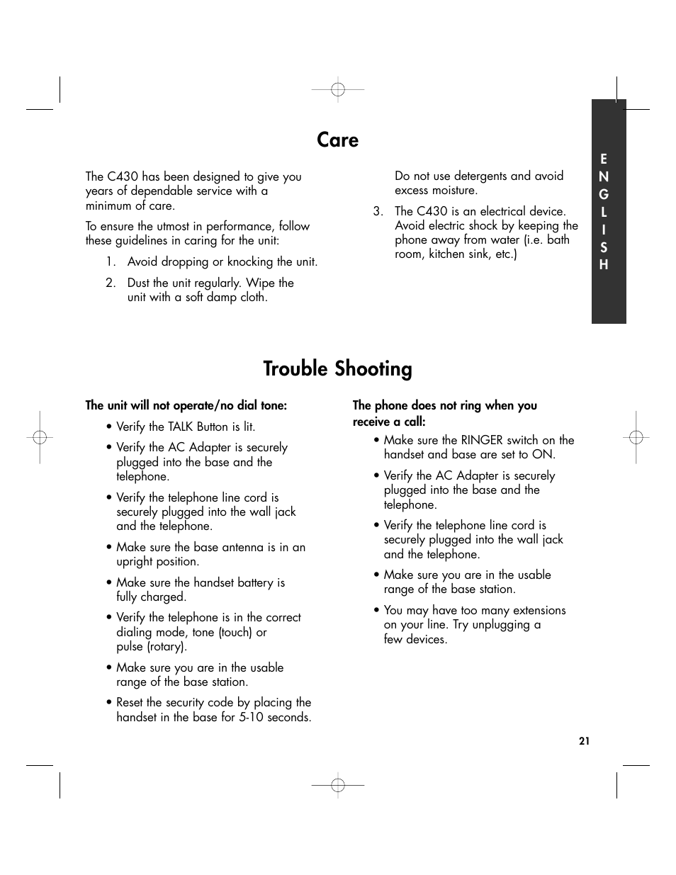 Care, Trouble shooting | Clarity 430 User Manual | Page 21 / 28