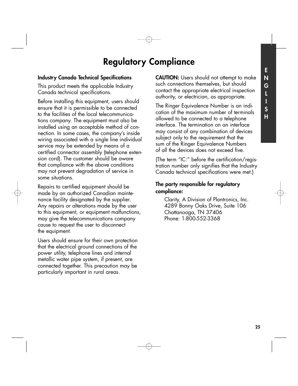 Regulatory compliance | Clarity 430 User Manual | Page 25 / 28