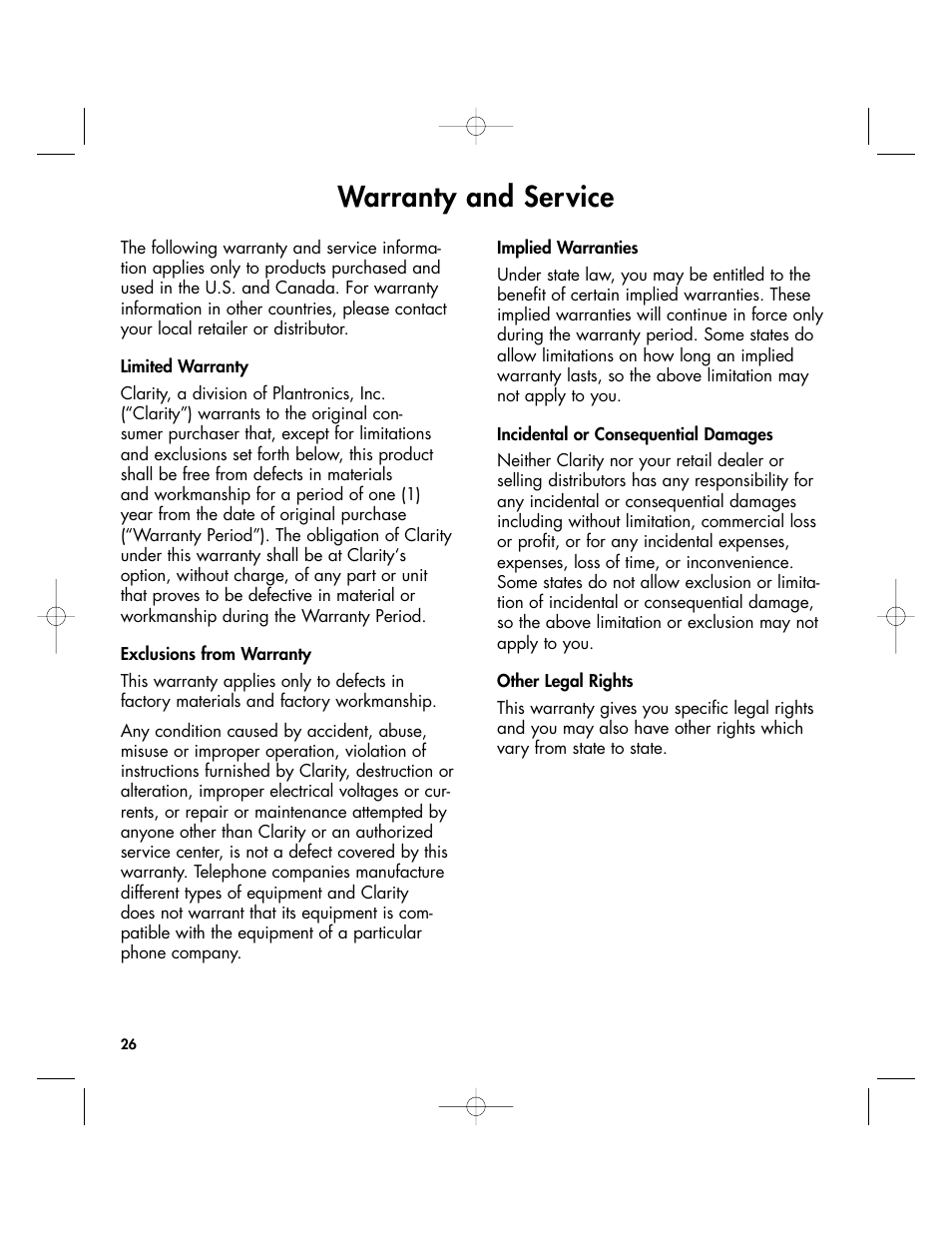 Warranty and service | Clarity 430 User Manual | Page 26 / 28