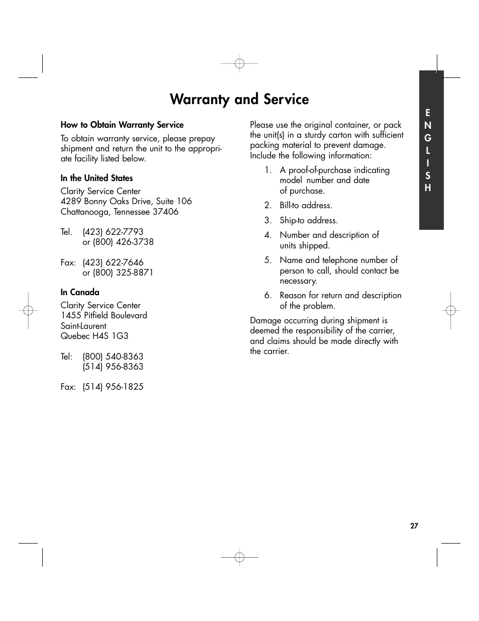 Warranty and service | Clarity 430 User Manual | Page 27 / 28