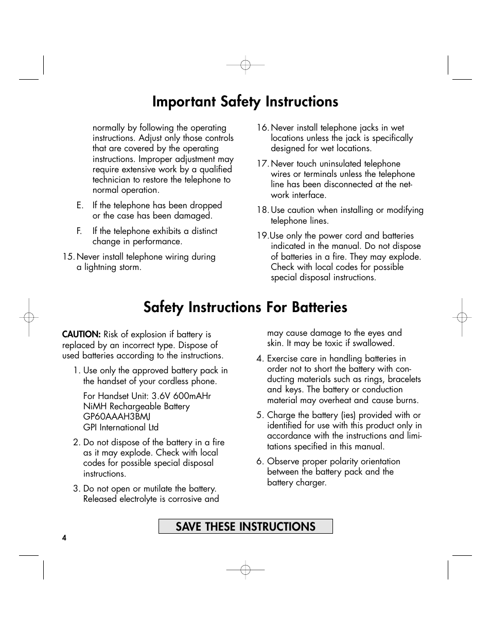 Important safety instructions, Safety instructions for batteries, Save these instructions | Clarity 430 User Manual | Page 4 / 28