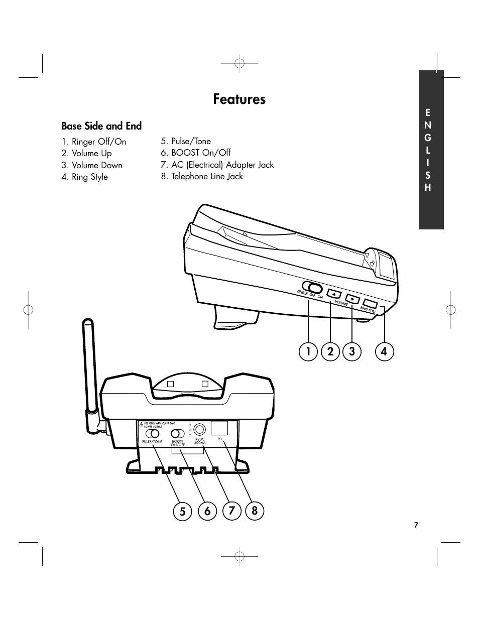 Features, Base side and end | Clarity 430 User Manual | Page 7 / 28