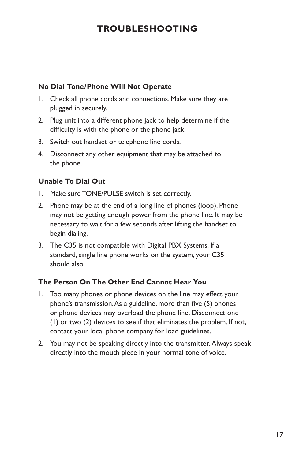 Troubleshooting | Clarity Amplified Telephone C35 User Manual | Page 17 / 26