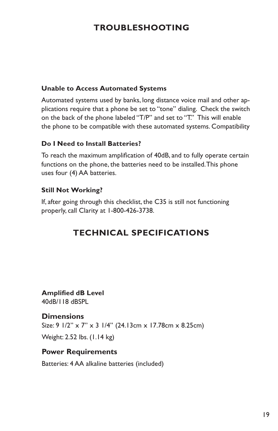 Troubleshooting technical specifications | Clarity Amplified Telephone C35 User Manual | Page 19 / 26