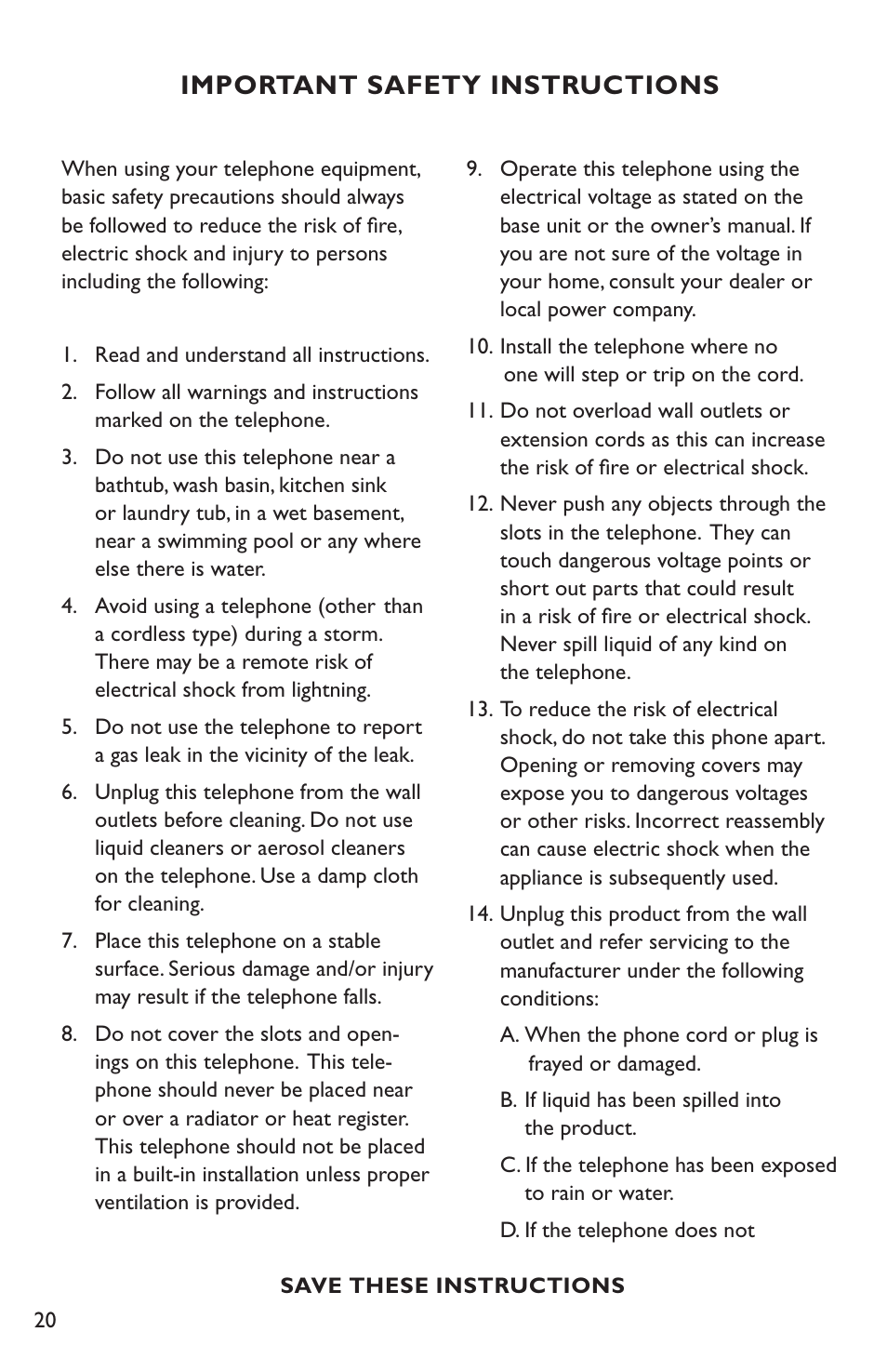 Important safety instructions | Clarity Amplified Telephone C35 User Manual | Page 20 / 26