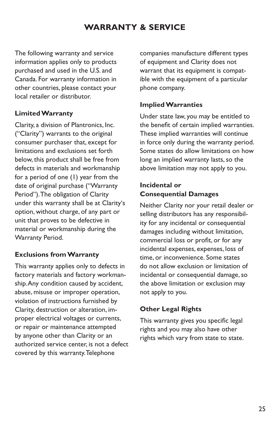 Warranty & service | Clarity Amplified Telephone C35 User Manual | Page 25 / 26