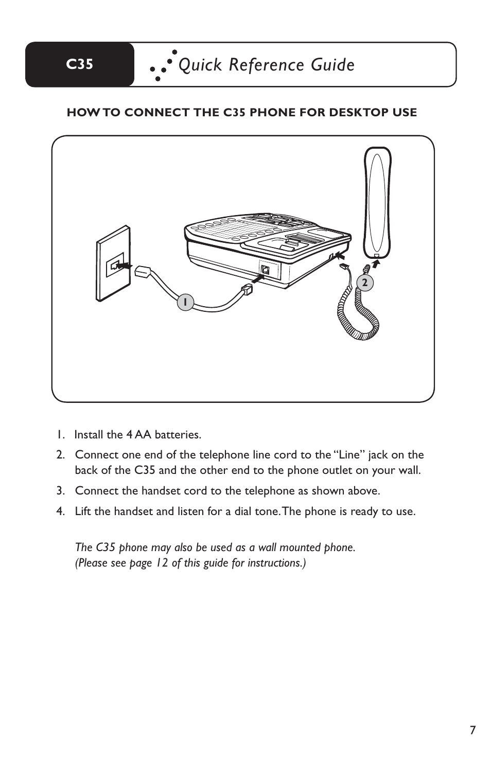 Quick reference guide, How to connect the c35 phone for desktop use | Clarity Amplified Telephone C35 User Manual | Page 7 / 26