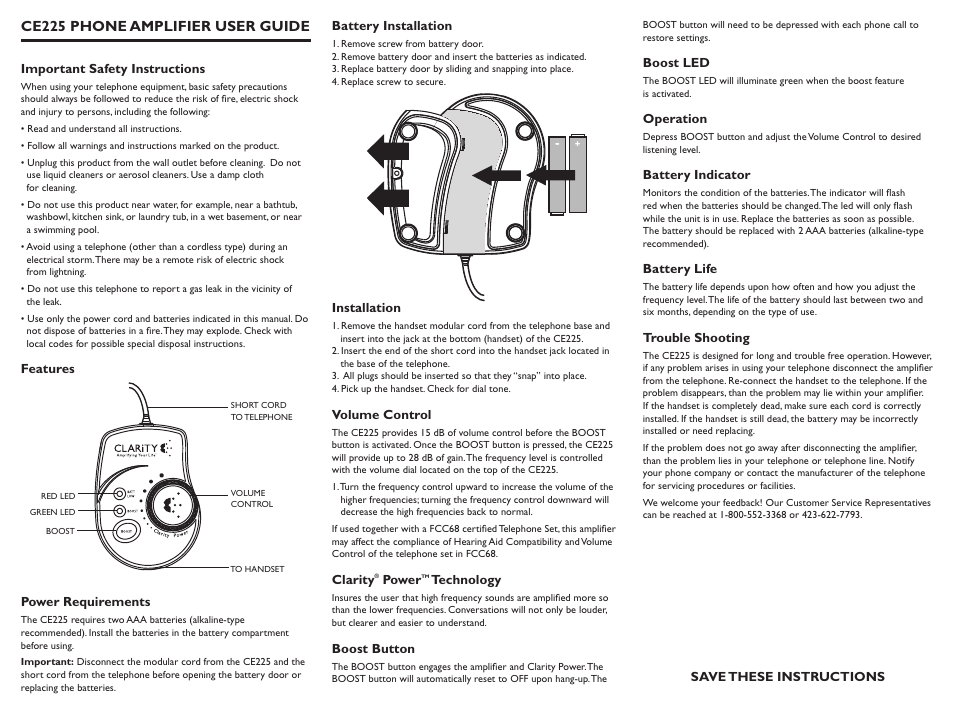 Clarity CE225 User Manual | 6 pages